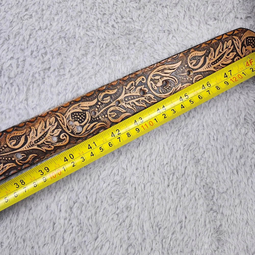 Vintage Brown Tooled Leather Western Belt Made in Mexico Size 42 Silver Buckle